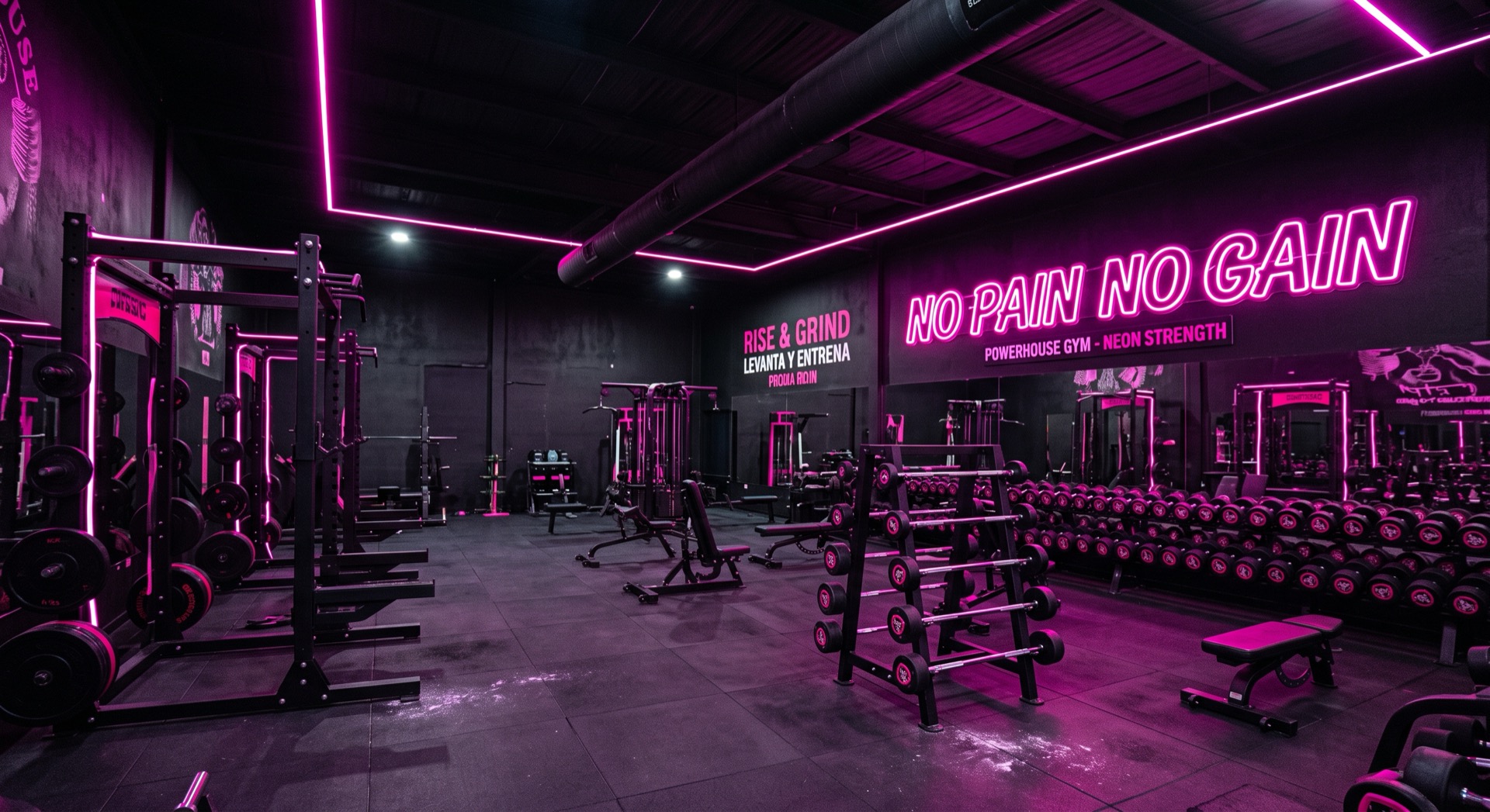 Interior del gimnasio Team Belleza en La Cruz, con iluminación neón y equipamiento de musculación